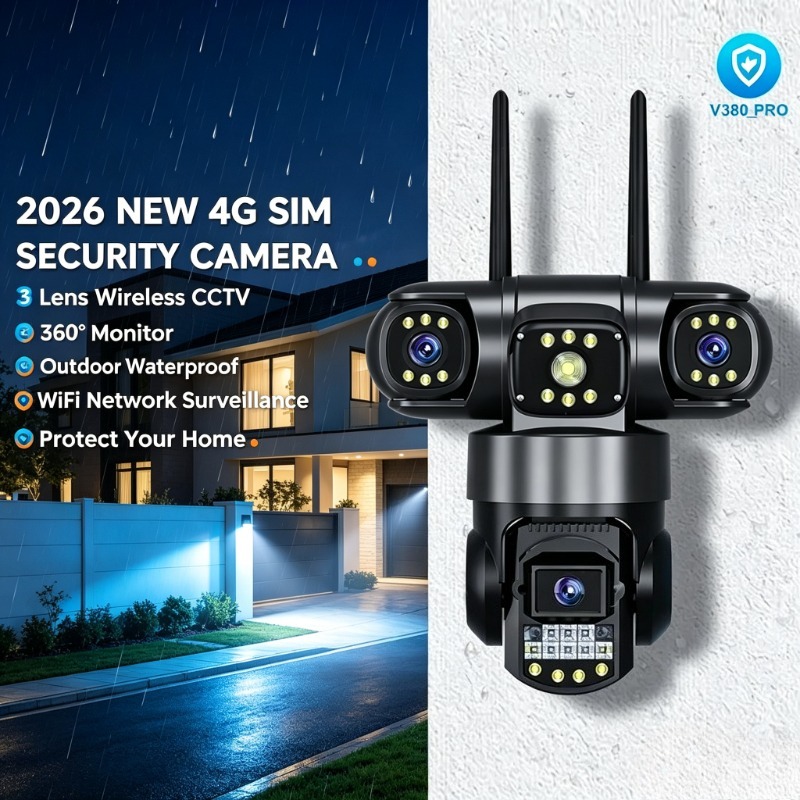 Home Yard Security Cameras - 3-объективная 4G SIM камера безопасности 360°