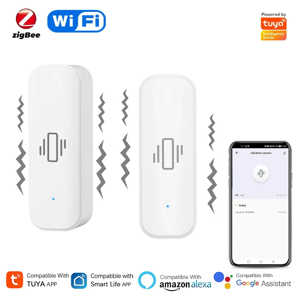 Home Security With Alarm - Умный датчик вибрации Tuya Wi-Fi/Zigbee, защита